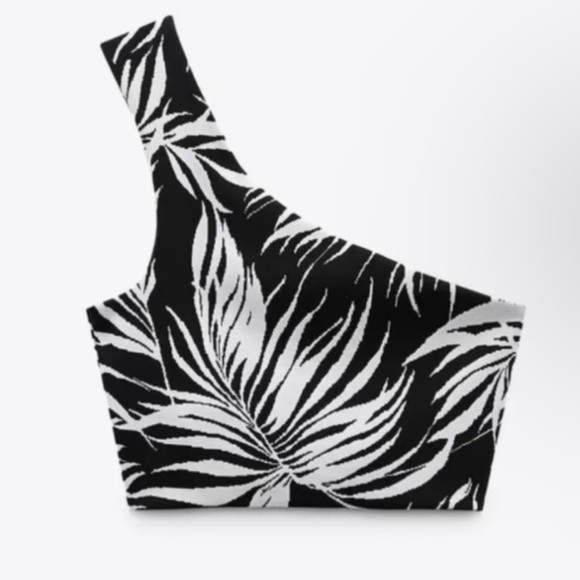 Zara Women’s Black and White Palm Leaf Print One Shoulder Asymmetrical Crop Top - Picture 7 of 10